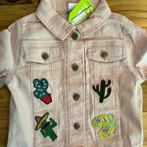NWT Toddler Girls Crazy 8 Pink Jean Jacket, Size 5 T, Cactus Patches & Appliques